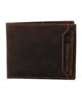 Billetera de cuero marrón con costuras a la vista, tarjetero extraíble con ventana y tecnología RFID.