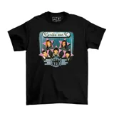 Remera negra con estampado gráfico de músicos, 100% algodón y diseño unisex.