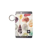 Billetera elástica multicolor con estampado de conchas marinas, con llavero y ranuras para tarjetas.