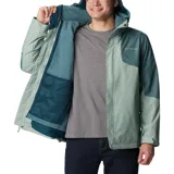 Campera 3 en 1 Columbia Bugaboo II Fleece, color verde y gris, con capa exterior impermeable y transpirable, y forro polar térmico reflectante. Incluye capucha ajustable y logo de la marca en el pecho.