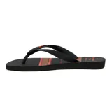 Chanclas negras con rayas horizontales marrones y naranjas.