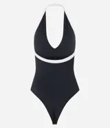 Body de mujer color negro con escote en V profundo y tirantes tipo halter en contraste blanco.