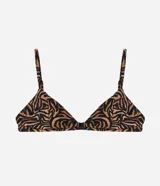 Top de bikini con estampado de cebra en tonos marrón y negro, corte triangular y tirantes finos ajustables.