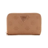Billetera Guess Cresidia color beige con cierre perimetral y logo triangular metálico en el frente. Presenta un patrón repujado con el logo de la marca y motivos florales.