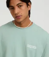 Remera de corte boxy, color verde menta, con cuello redondo y manga corta. Presenta un pequeño estampado en el pecho con texto en blanco.