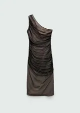 Vestido largo negro de fiesta, asimétrico, con un solo tirante ancho, drapeado y entallado.