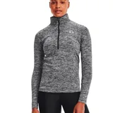 Remera Under Armour Tech de mujer, color gris jaspeado, de manga larga con medio cierre frontal y cuello alto.