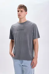 Remera gris de corte oversize con cuello redondo y mangas cortas. Estampado frontal con la frase "Take the Journey".