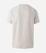 Remera masculina de manga corta, cuello redondo y textura acanalada, color beige claro.