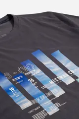 Remera gris de manga corta con cuello redondo y estampado con texto y gráficos en tonos azules.