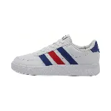 Zapatillas Adidas Breaknet 2.0 de cuero sintético blanco con detalles en azul y rojo. Inspiradas en el tenis, con suela plana y cierre con cordones.