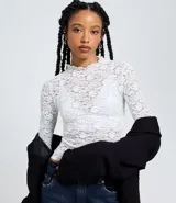 Blusa de manga larga, cuello alto y corte ajustado, confeccionada en encaje blanco con textura floral.