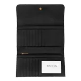 Billetera tipo sobre de color negro, con diseño acolchado en patrón de rombos y logo metálico dorado de Guess en el frente.