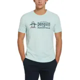 Remera celeste con estampa centrada de un pingüino con moño y el texto "An Original Penguin by Munsingwear".