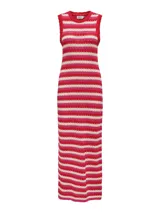 Vestido largo tejido a rayas horizontales en tonos rojo, rosa y blanco. Diseño sin mangas y cuello redondo.