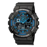 Reloj Casio G-Shock modelo GA100-1A2DR, con caja de resina negra y detalles en azul.