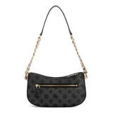 Bolso de hombro Guess Evelune chica, color negro con estampado del logo de la marca en gris. Tiene herrajes dorados, cierre superior con cremallera y correa de hombro con cadena dorada y cinta estampada.