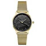 Reloj Rosefield modelo Pearl Edit RBGMG-R07, con caja dorada de acero de 36mm y esfera de nácar negro. La correa es de malla de acero inoxidable dorada.