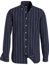 Camisa de manga larga Tommy Hilfiger de corte regular, confeccionada en algodón a rayas verticales azul marino, rojas y blancas. Presenta cuello abotonado, bolsillo de parche en el pecho y logo bordado en la manga.