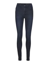 Jeans skinny de tiro alto en denim azul oscuro elastizado, con cinco bolsillos, cierre frontal con cremallera y botón.