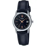 Reloj Casio para mujer, modelo LTPV002L-1B3UDF, con correa de cuero negra, esfera negra de 31mm y caja plateada. Resistencia al agua 30 metros.