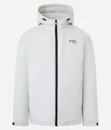 Campera deportiva blanca con capucha, cierre frontal con cremallera, bolsillos laterales y logo estampado en el pecho.