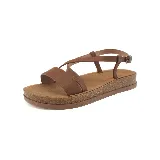 Sandalias marrones de cuero sintético con plataforma de corcho, tiras cruzadas y hebilla ajustable.