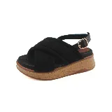 Sandalias negras con plataforma de yute y tiras cruzadas acolchadas.