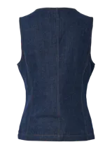 Chaleco de denim azul con escote en V, botones dorados y ribete de cuentas en el cuello.