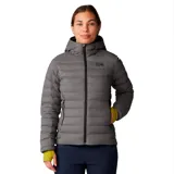 Campera gris de plumas con capucha, cierre frontal completo, bolsillos laterales con cierre y logo de la marca en el pecho.