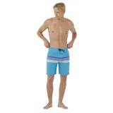 Short de baño celeste con rayas horizontales en tonos azul, lila, amarillo y blanco.