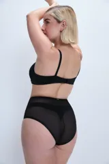 Bombacha vedetina alta color piel, con paneles de tul en los laterales.