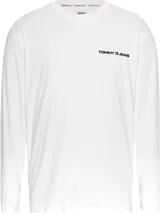 Remera de punto canalé color blanco, con cuello redondo y logo de Tommy Jeans en el pecho.