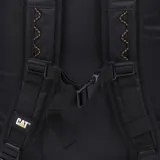 Mochila negra de poliéster ripstop con correas ajustables para los hombros con malla transpirable, asas laterales de tela, asa de tela, bolsillo frontal con cremallera, correa ajustable para el pecho, compartimento principal trasero con bolsillo acolchado para un ordenador portátil, correas de compresión en los laterales, detalles de cordones y logotipo reflectante estampado.