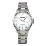 Reloj Mistral con caja y pulsera de acero plateado, esfera blanca con números arábigos y agujas plateadas.