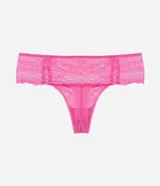 Bombacha bikini hilo doble en encaje floral color fucsia, con ligas ajustables.