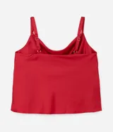 Musculosa de poliéster satinado color rojo, con escote drapeado, breteles finos ajustables y forro en el busto.