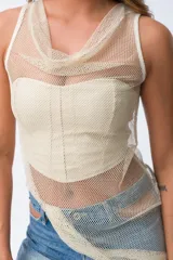 Vestido dorado de algodón y elastano, sin mangas, con textura de red.