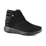 Bota tobillera Skechers On The GO Joy Aglow negra de gamuza suave, con cordones elásticos en la parte trasera, ribete de pelo sintético suave y media suela 5GEN con plantilla Air Cooled Goga Mat.