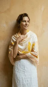 Pañuelo cuadrado de seda natural color crema con estampado de flores amarillas y borde rosa.