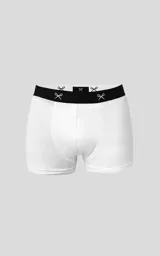 Pack de dos boxers tipo bóxer, uno blanco y uno negro, con cintura elástica negra que presenta un patrón repetitivo de tijeras blancas.
