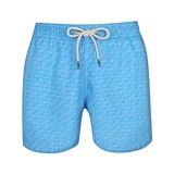 Short de baño celeste con estampado de motos en azul.