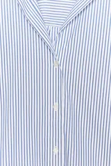 Camisa blanca con rayas verticales azul marino y lurex plateado, de corte recto, cuello solapa, escote en pico y cierre frontal con botones.
