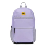Mochila unisex Caterpillar (CAT) color lila pastel con detalles en gris y negro. Presenta un compartimento principal con cierre, un bolsillo frontal con cierre y bolsillos laterales de malla. Incluye presillas frontales y correas ajustables de malla transpirable.