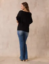 Blusa negra de algodón texturado, marca Ruby Rd, con manga corta amplia y cuello redondo.