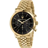 Reloj Maserati Epoca con caja de acero dorada de 42mm y esfera negra. Tiene resistencia al agua de 10 ATM (100 metros), funciones de cronógrafo con medición hasta 30 minutos y movimiento de cuarzo.