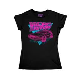 Remera negra entallada de algodón con estampado de la película "Volver al Futuro" en colores celeste y fucsia.