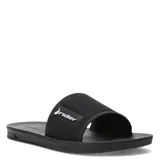 Sandalias Rider Street Slide negras con logo blanco en la tira.