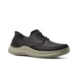Zapato Skechers Slip-ins Relaxed Fit: Hasting - Rory, color negro, con capellada de cuero y cordones elásticos. Cuenta con plantilla Air-Cooled Memory Foam y suela de tracción flexible.