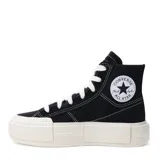 Championes Converse Cruise High Top de lona negra con cordones blancos y suela de goma blanca con plataforma.
